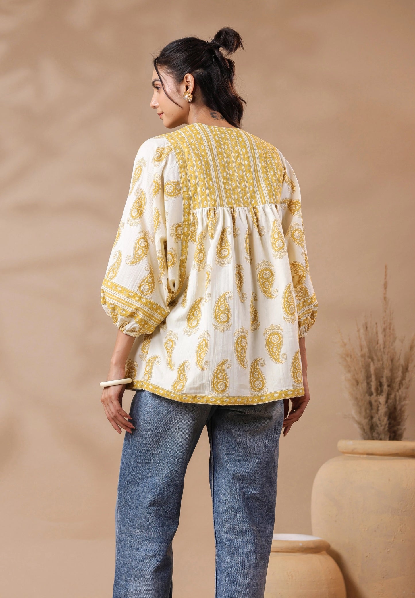 Cream Hand-Block Printed Boho Volume Sleeved Top