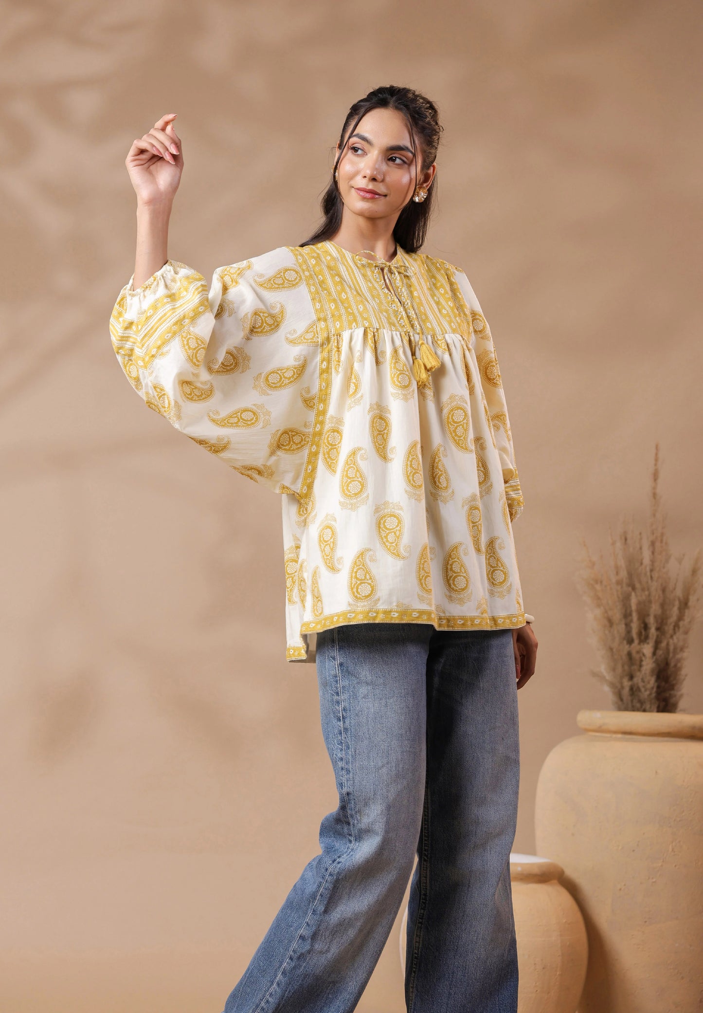 Cream Hand-Block Printed Boho Volume Sleeved Top