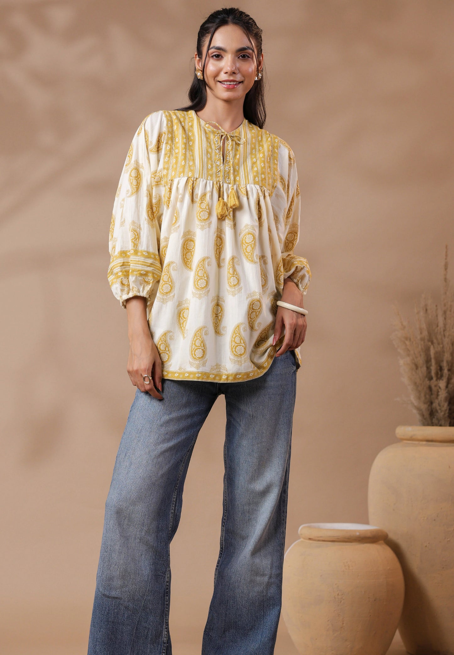 Cream Hand-Block Printed Boho Volume Sleeved Top
