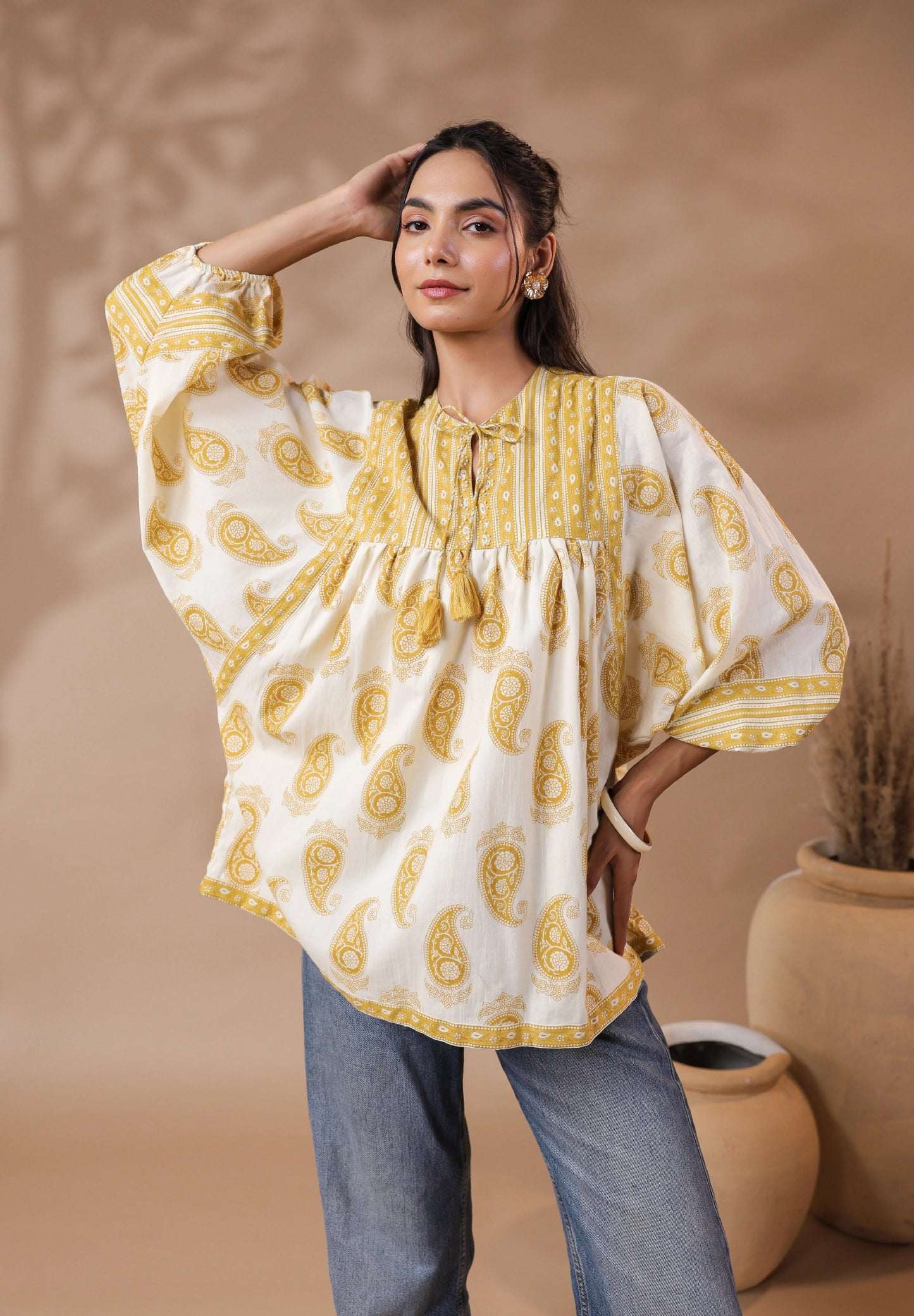 Cream Hand-Block Printed Boho Volume Sleeved Top