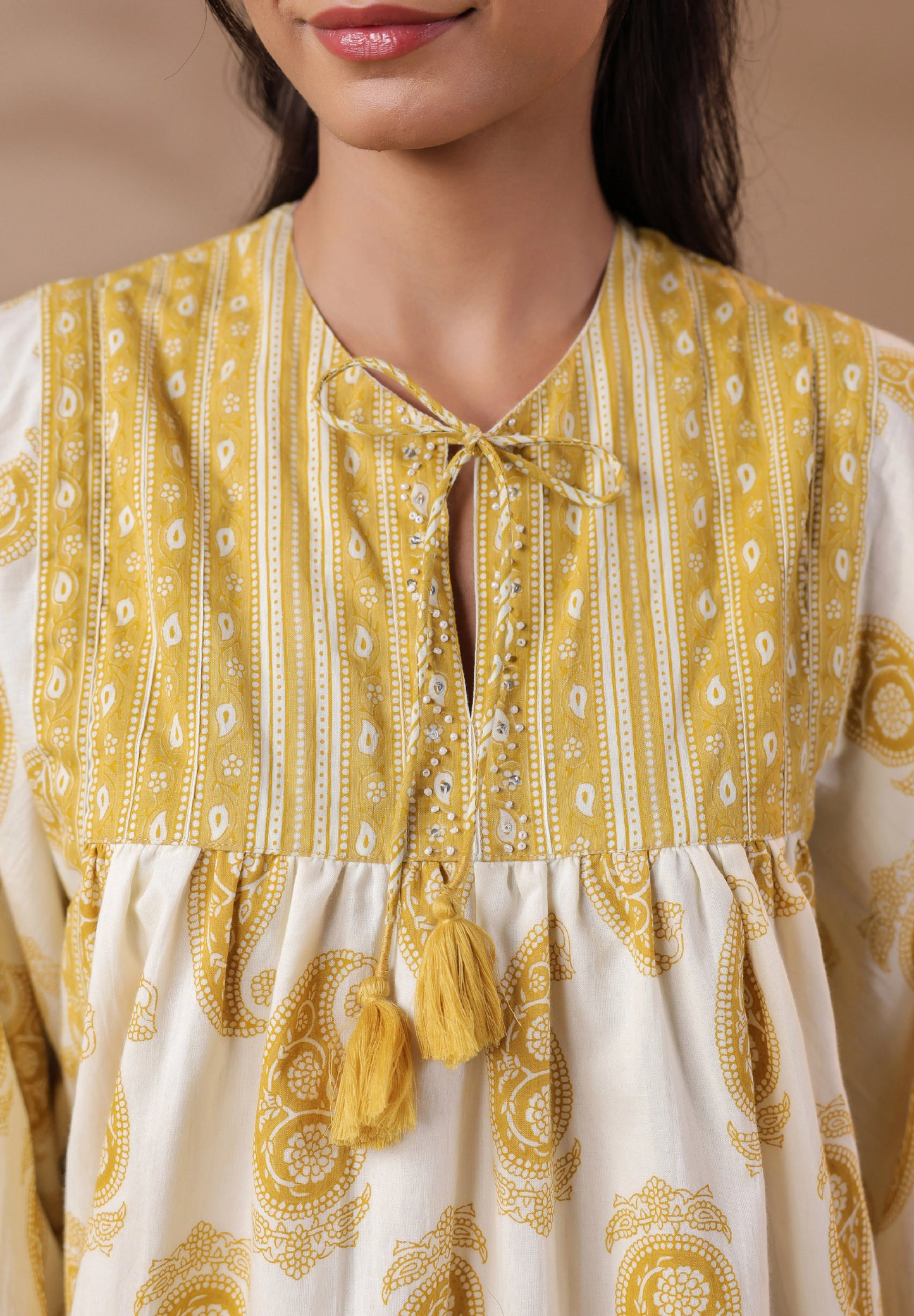 Cream Hand-Block Printed Boho Volume Sleeved Top