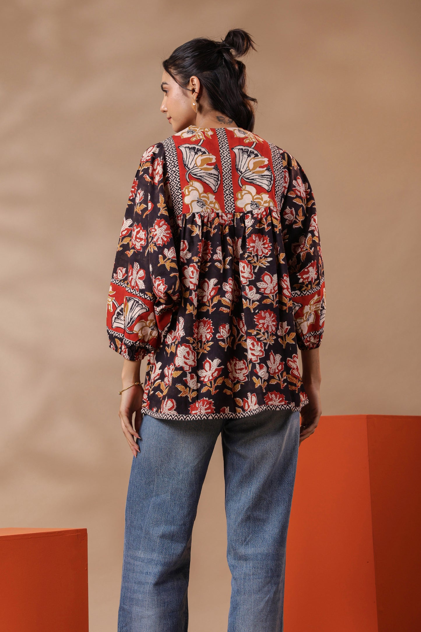 Black Hand-Block Printed Boho Volume Sleeved Top