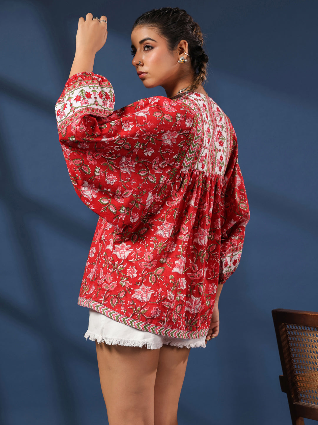 Red Hand-Block Printed Boho Volume Sleeved Top