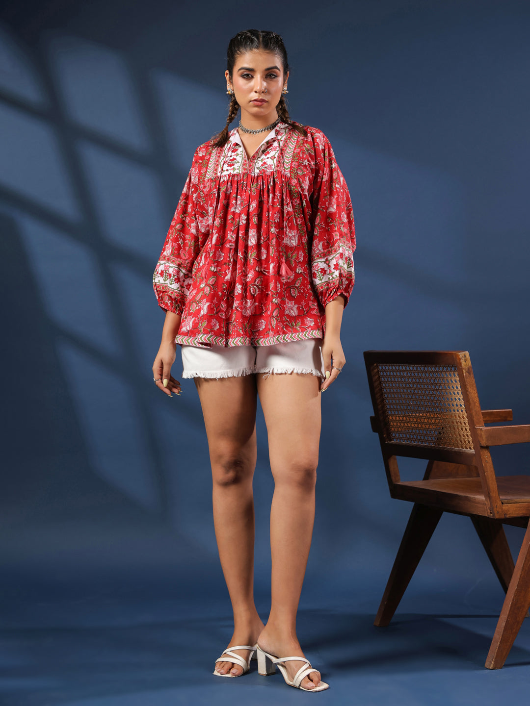 Red Hand-Block Printed Boho Volume Sleeved Top