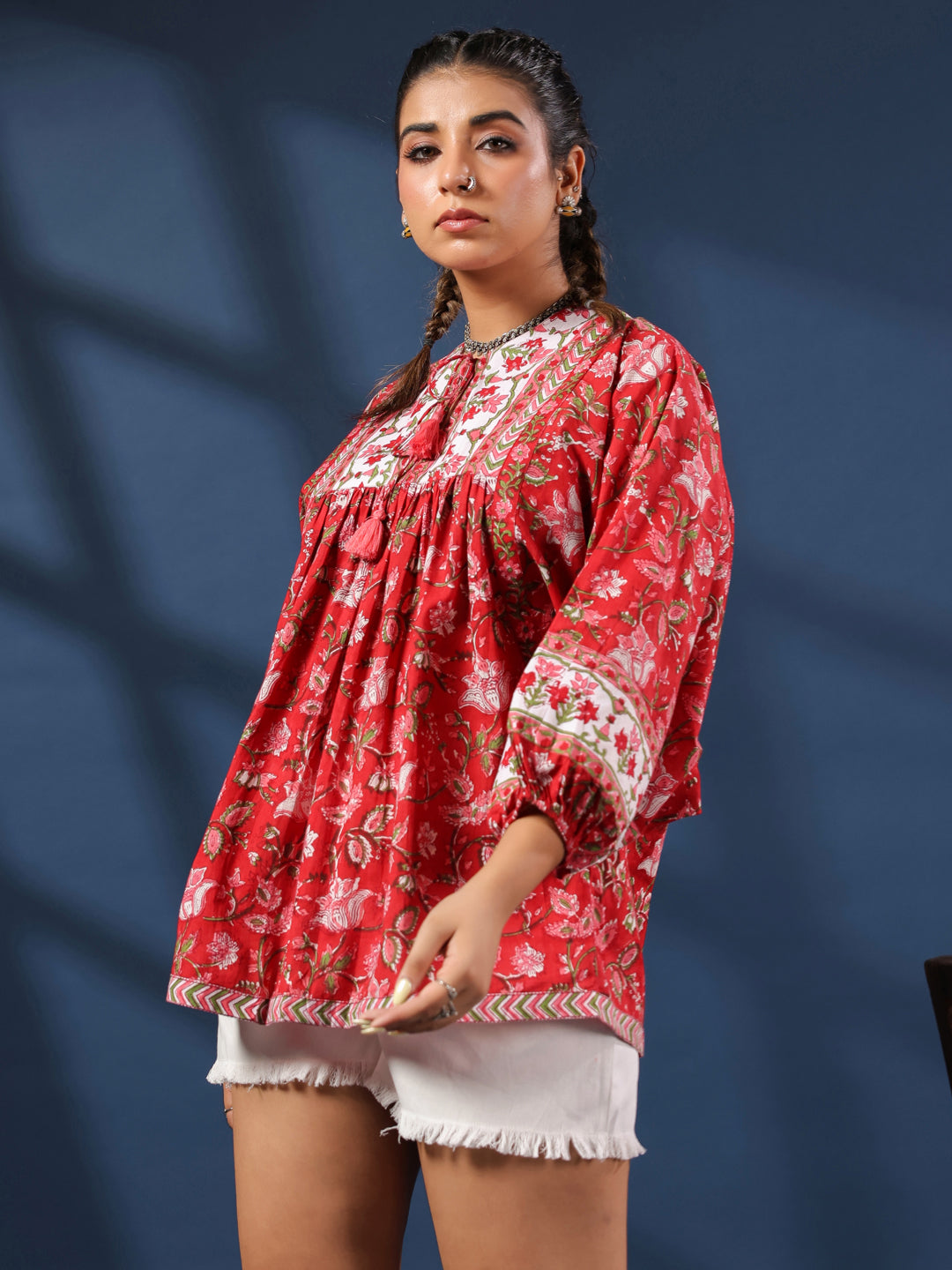 Red Hand-Block Printed Boho Volume Sleeved Top