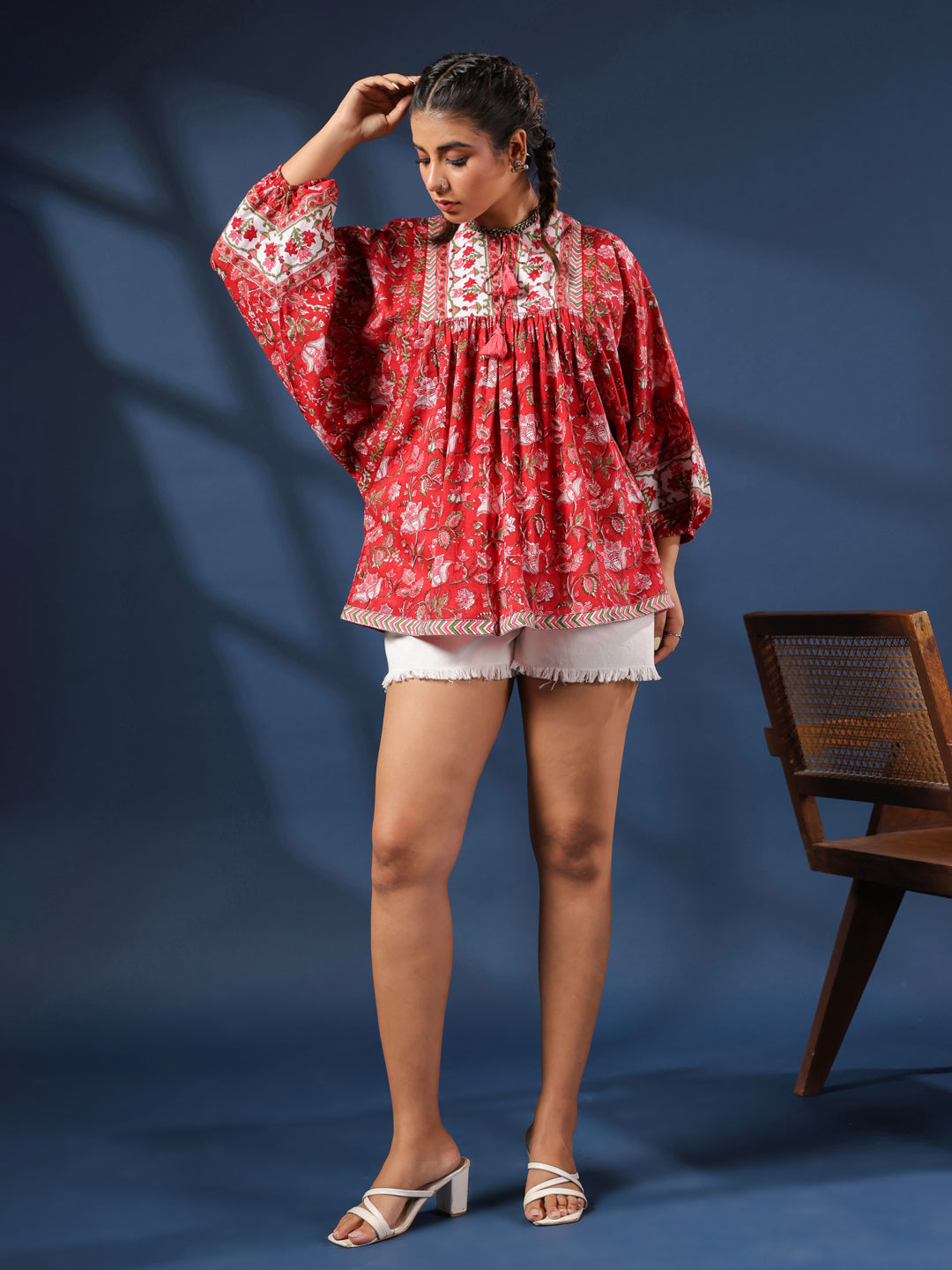 Red Hand-Block Printed Boho Volume Sleeved Top