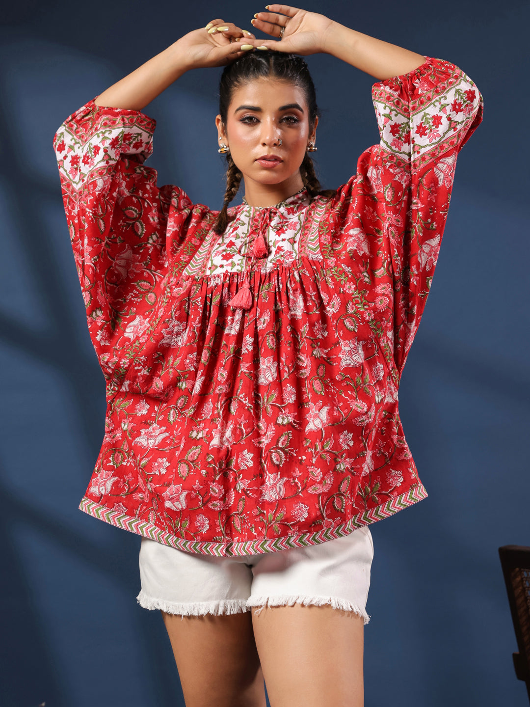 Red Hand-Block Printed Boho Volume Sleeved Top