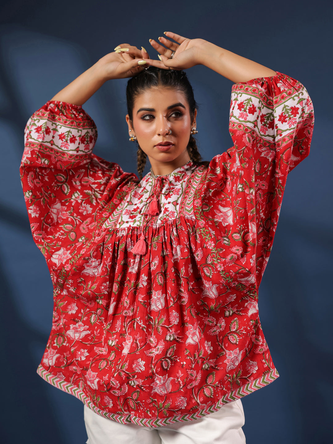 Red Hand-Block Printed Boho Volume Sleeved Top