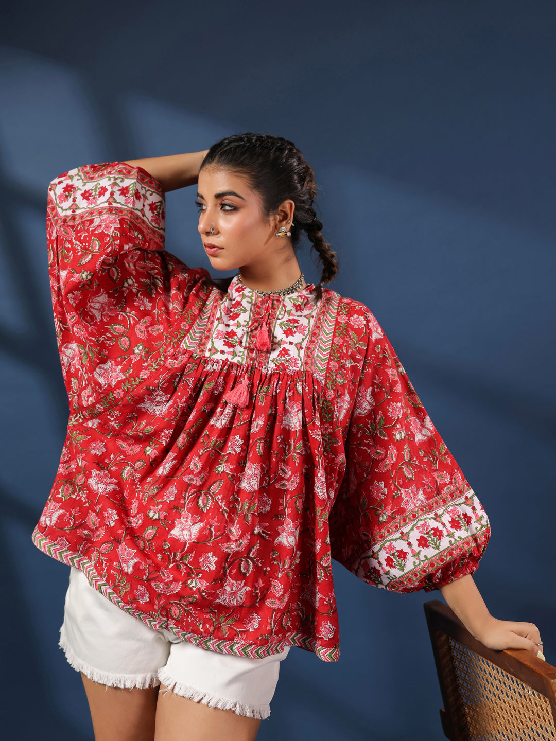 Red Hand-Block Printed Boho Volume Sleeved Top