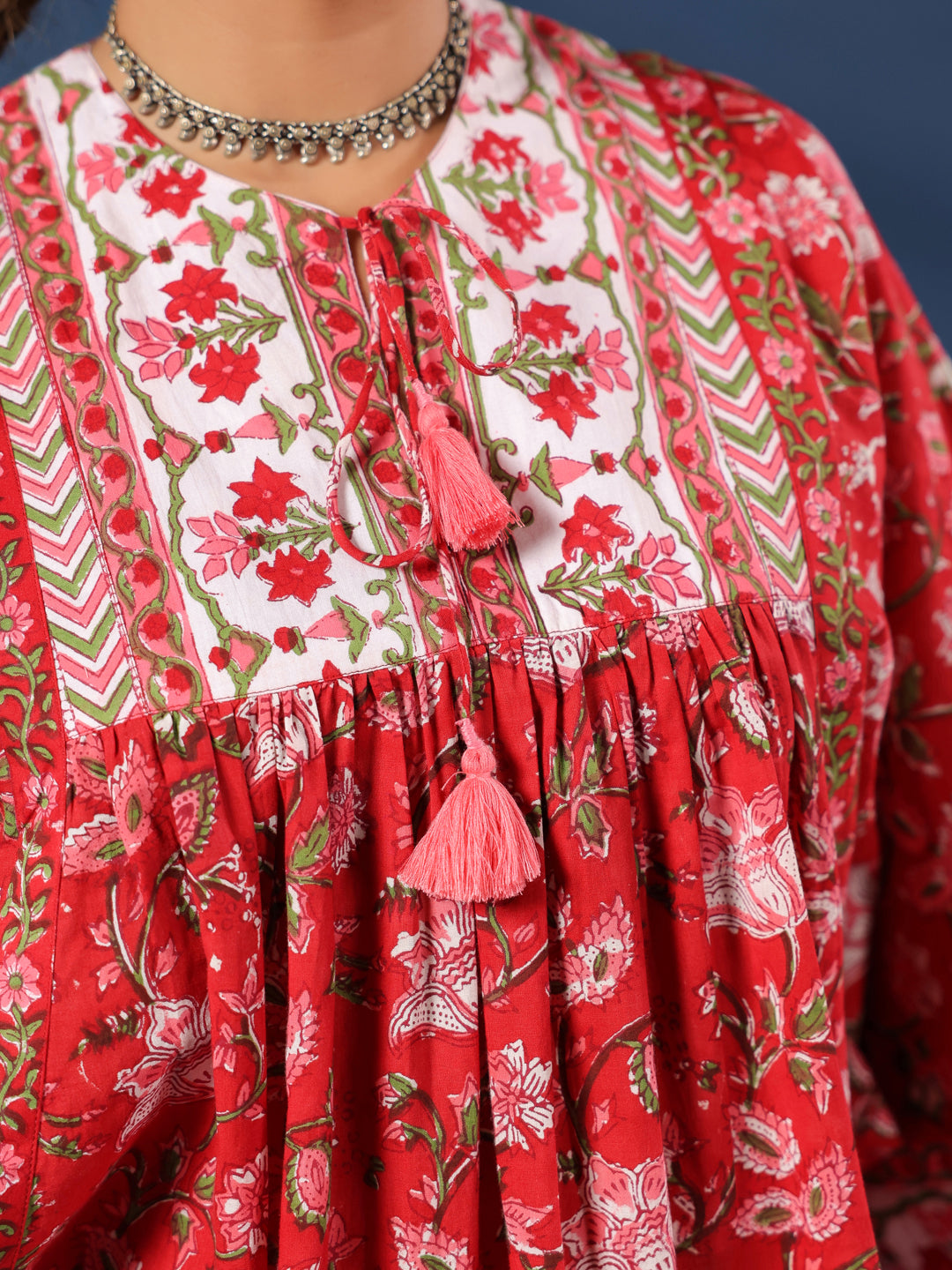 Red Hand-Block Printed Boho Volume Sleeved Top