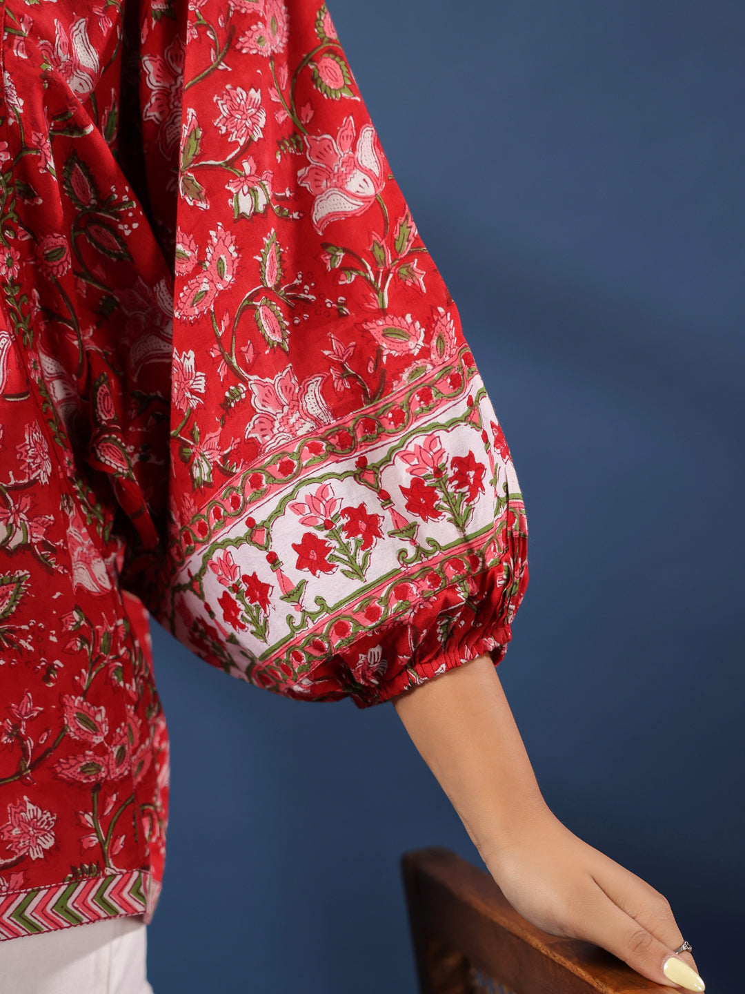 Red Hand-Block Printed Boho Volume Sleeved Top