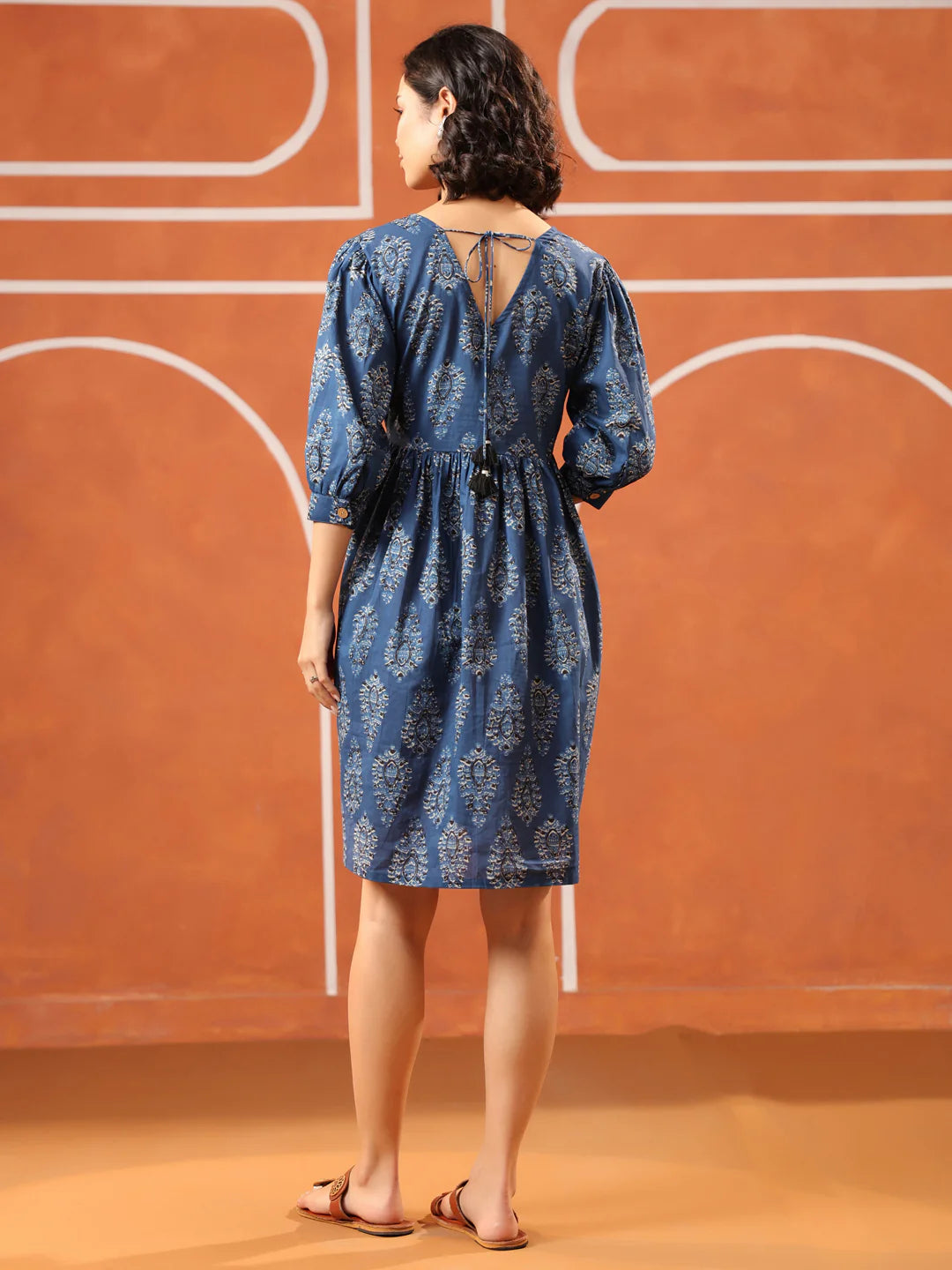 Blue Printed V-Neck Cotton Dress