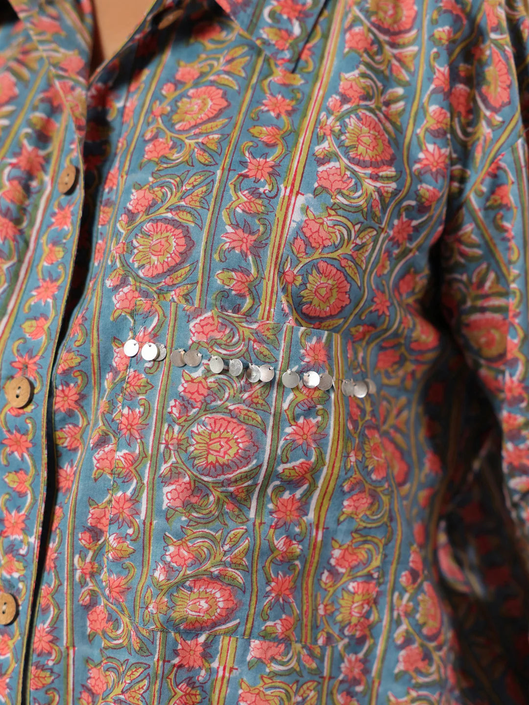 Teal & Coral Handblock Printed Lose Fit Cotton Shirt