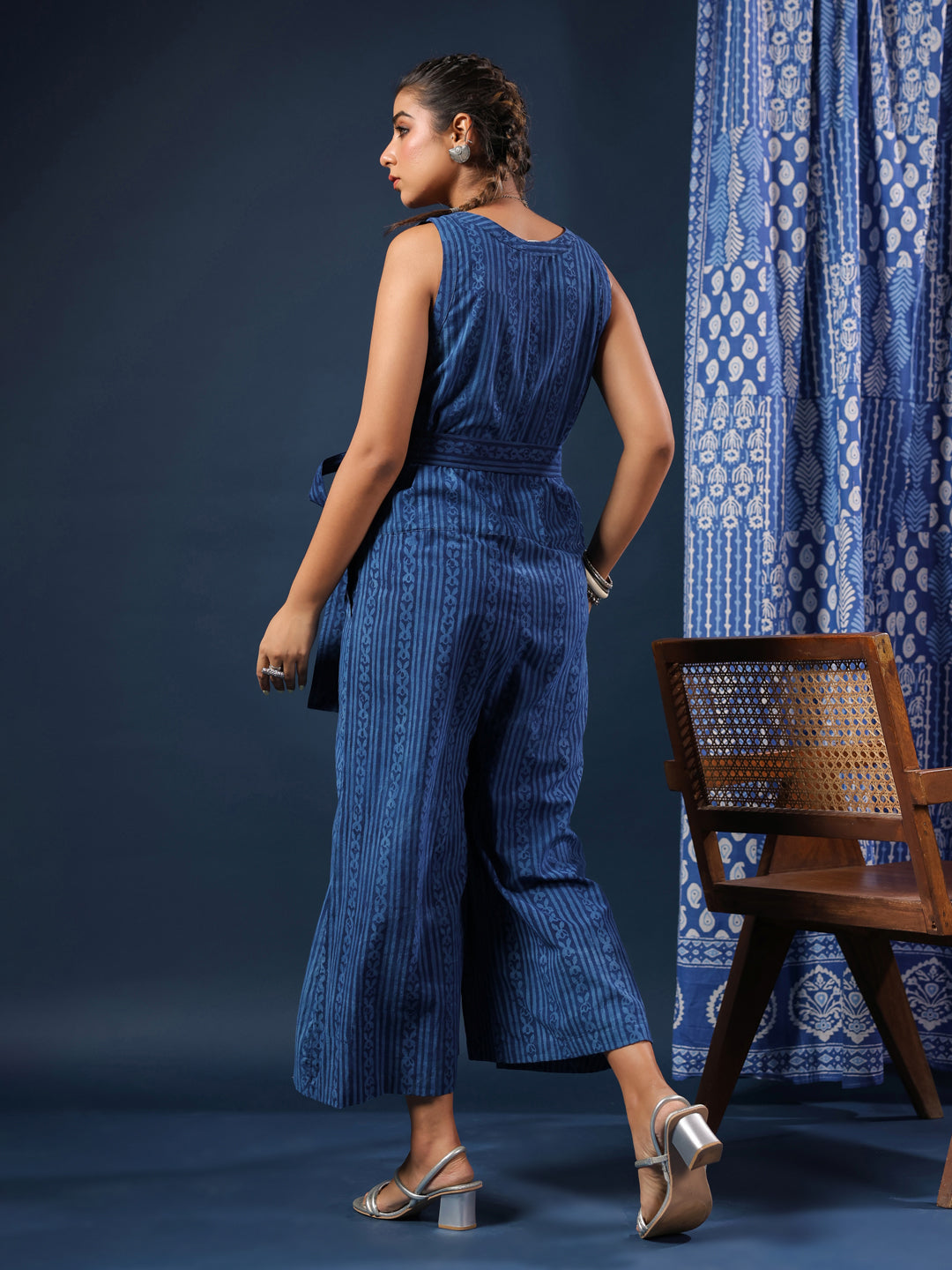 Indigo V-neck Jumpsuit with Belt