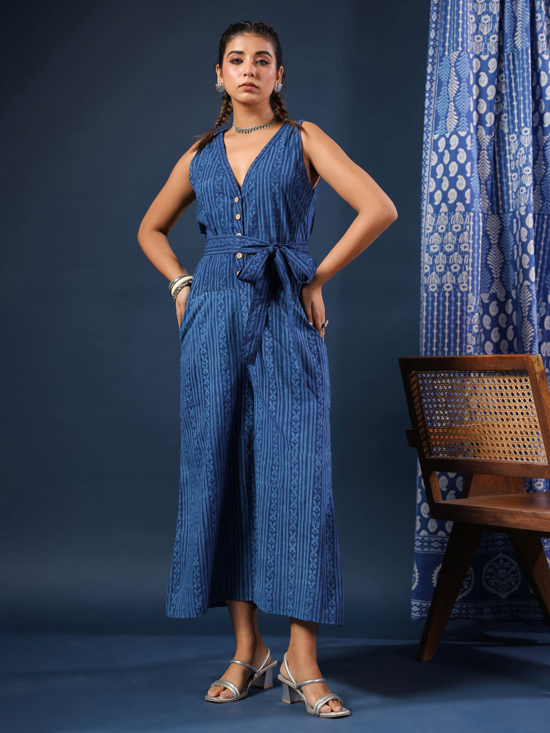 Indigo V-neck Jumpsuit with Belt