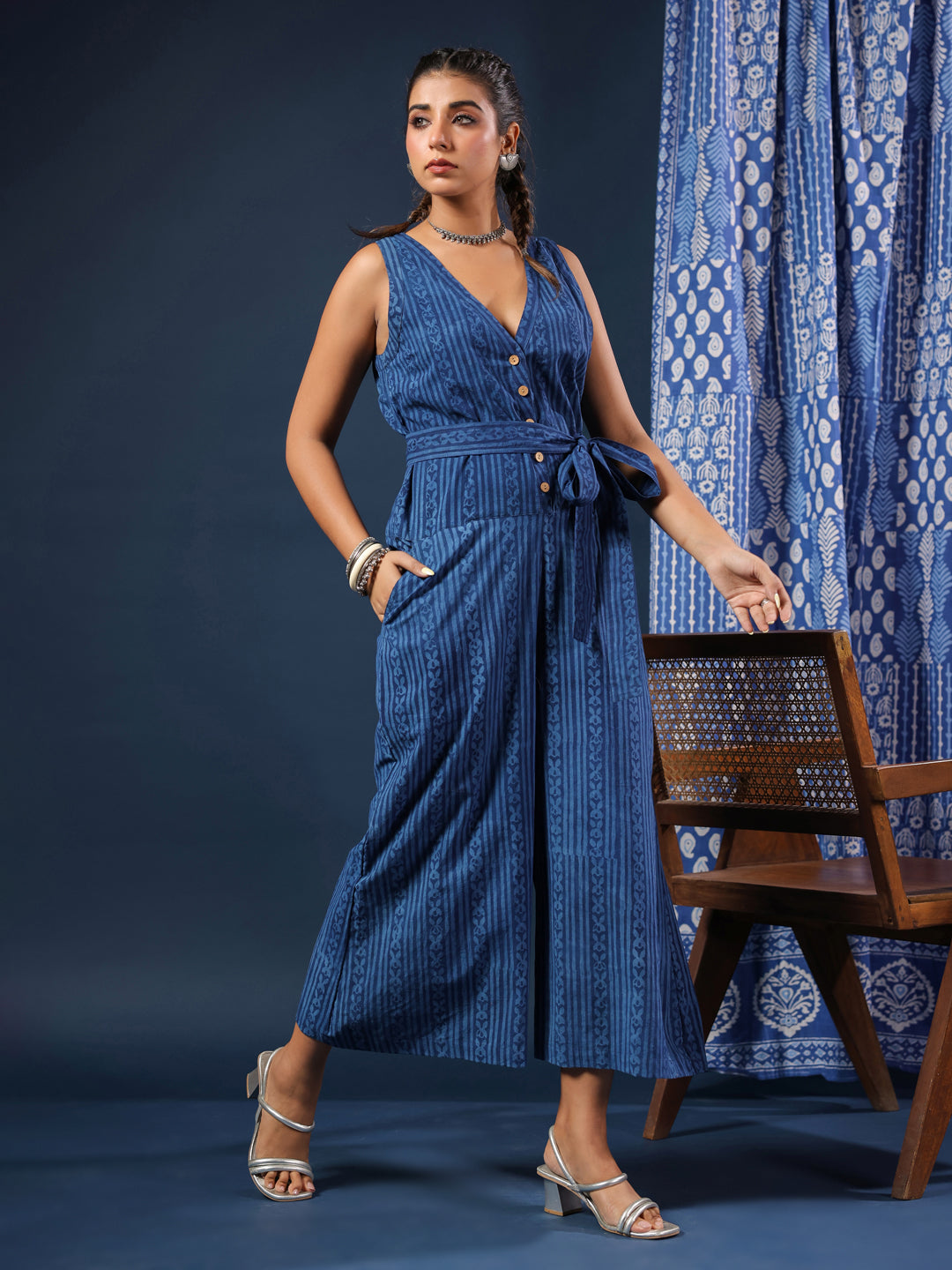 Indigo V-neck Jumpsuit with Belt