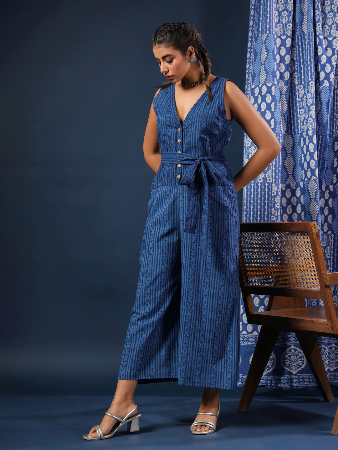 Indigo V-neck Jumpsuit with Belt