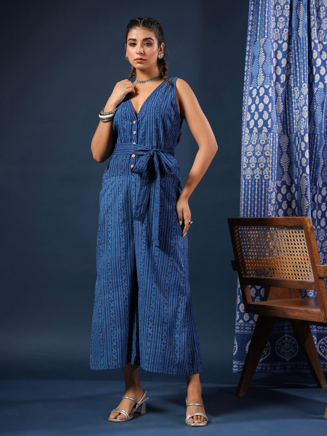 Indigo V-neck Jumpsuit with Belt