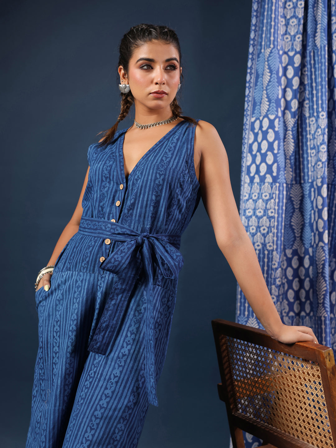 Indigo V-neck Jumpsuit with Belt