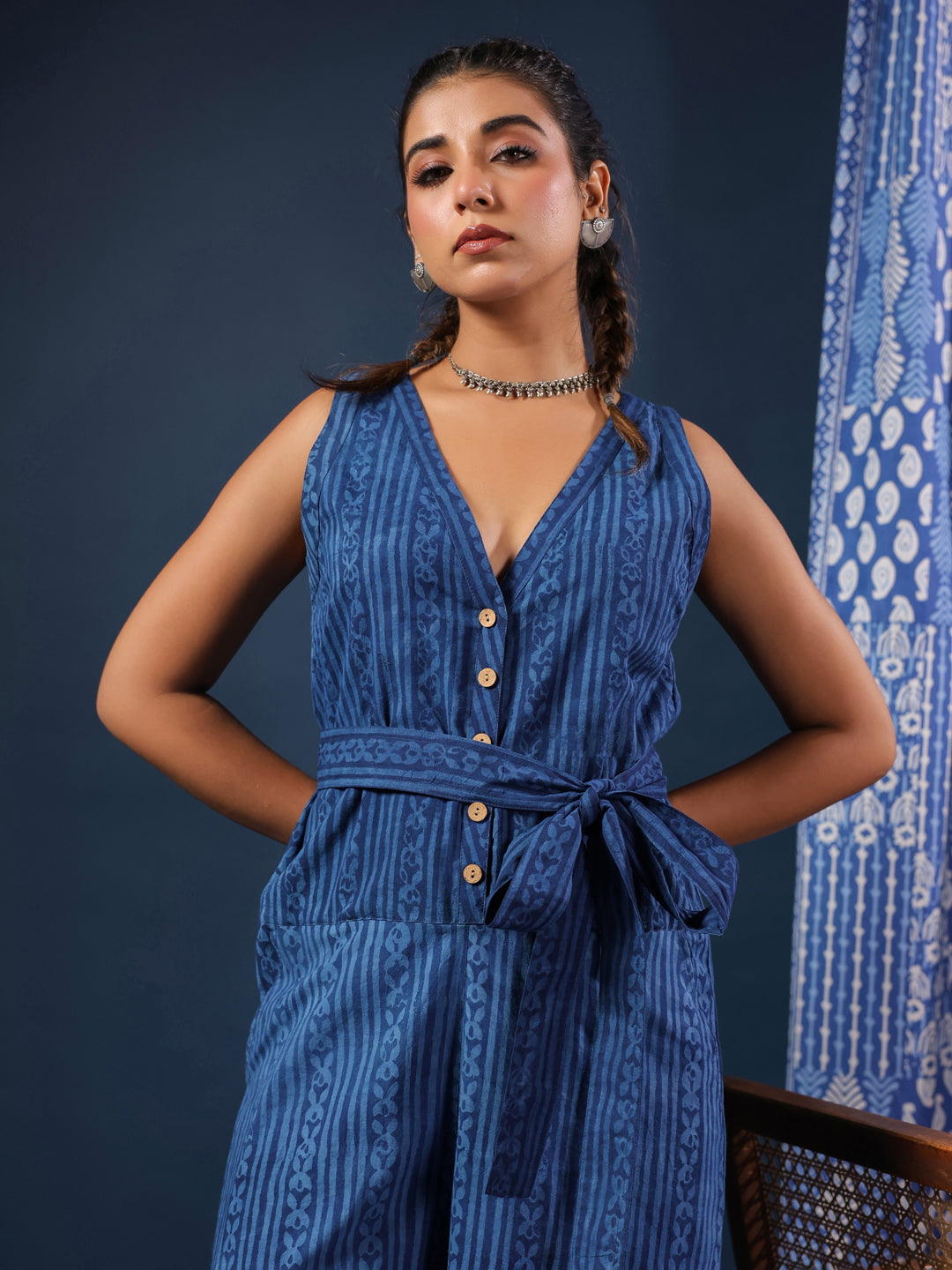 Indigo V-neck Jumpsuit with Belt