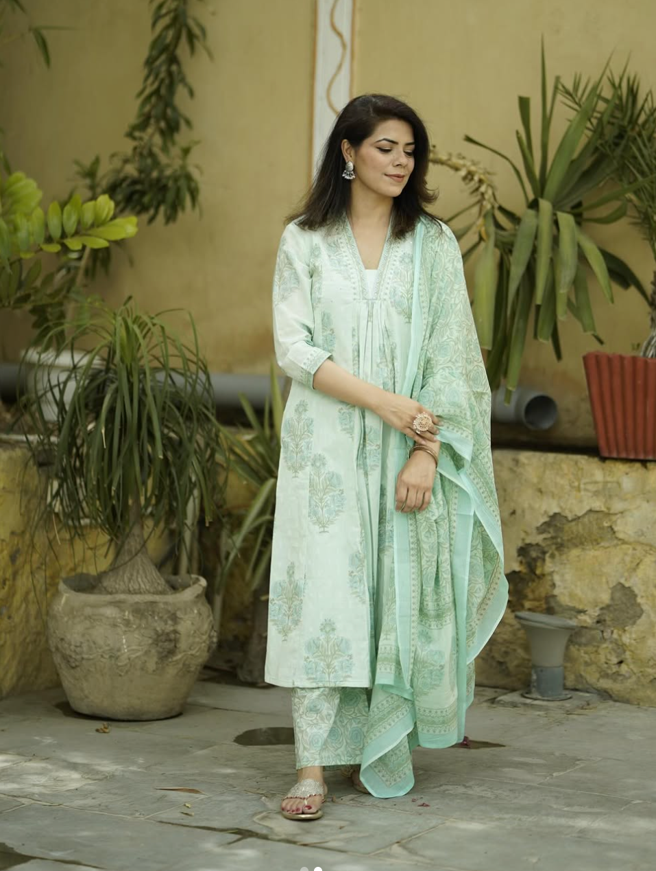Mint Green Printed Sequinned Pure Cotton Kurta with Trousers & Dupatta