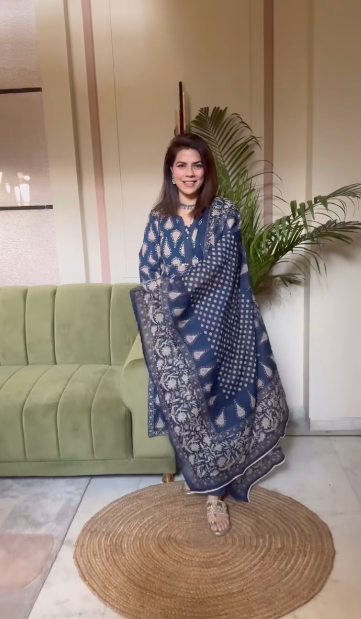 Blue Printed Sequinned Pure Cotton Kurta with Trousers & Dupatta