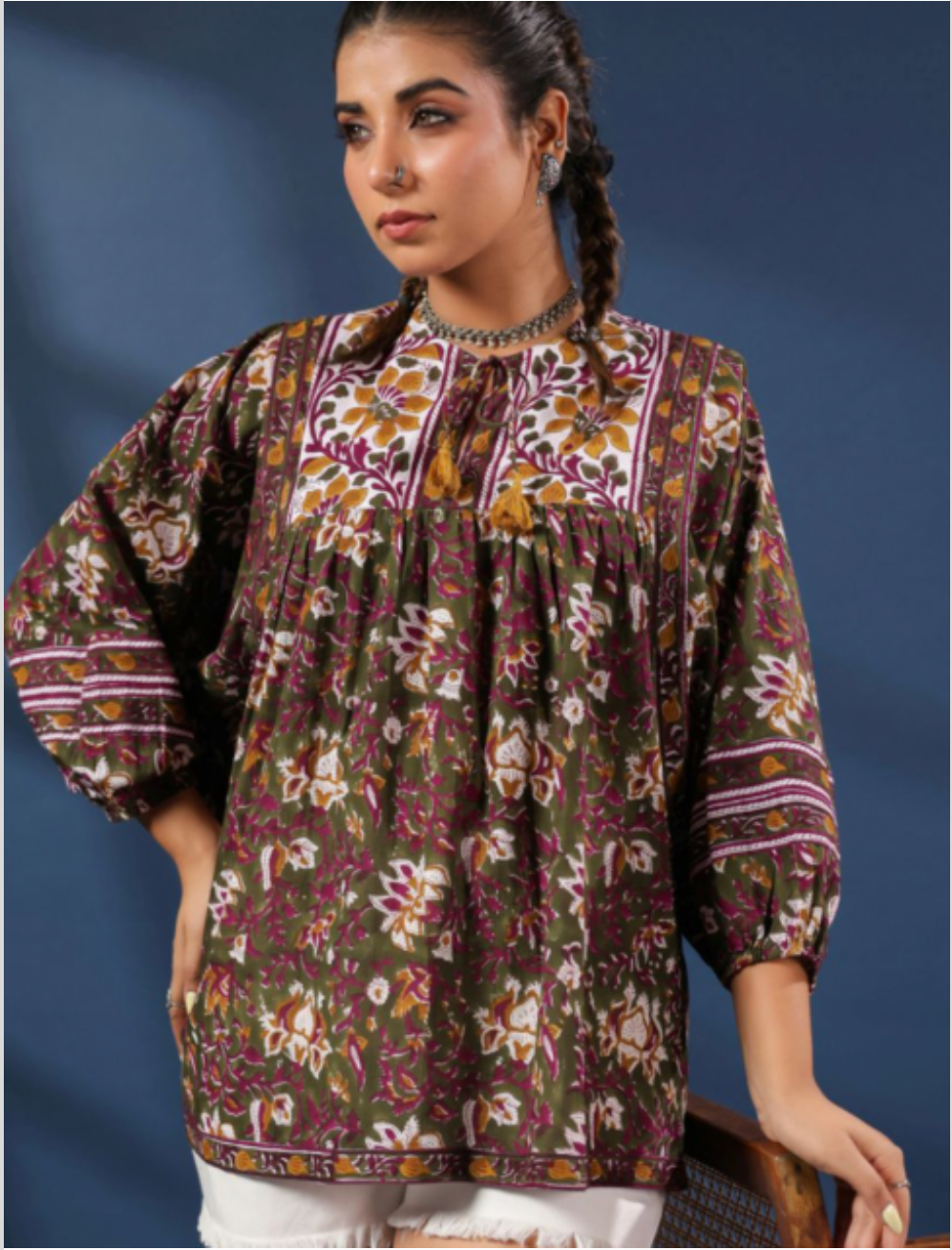 Dark Green Hand-Block Printed Boho Volume Sleeved Top