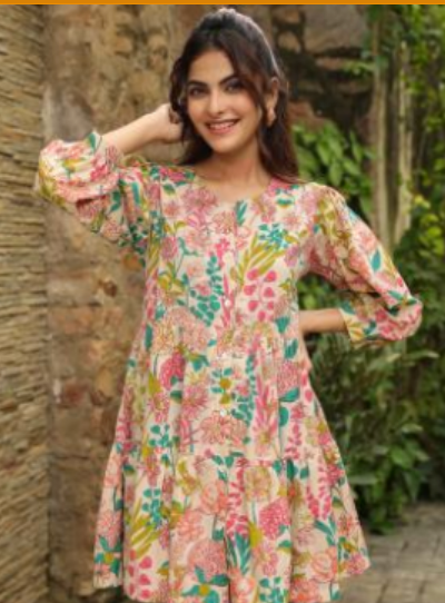 Cream Multi-Tier Flare Top with Button Closure