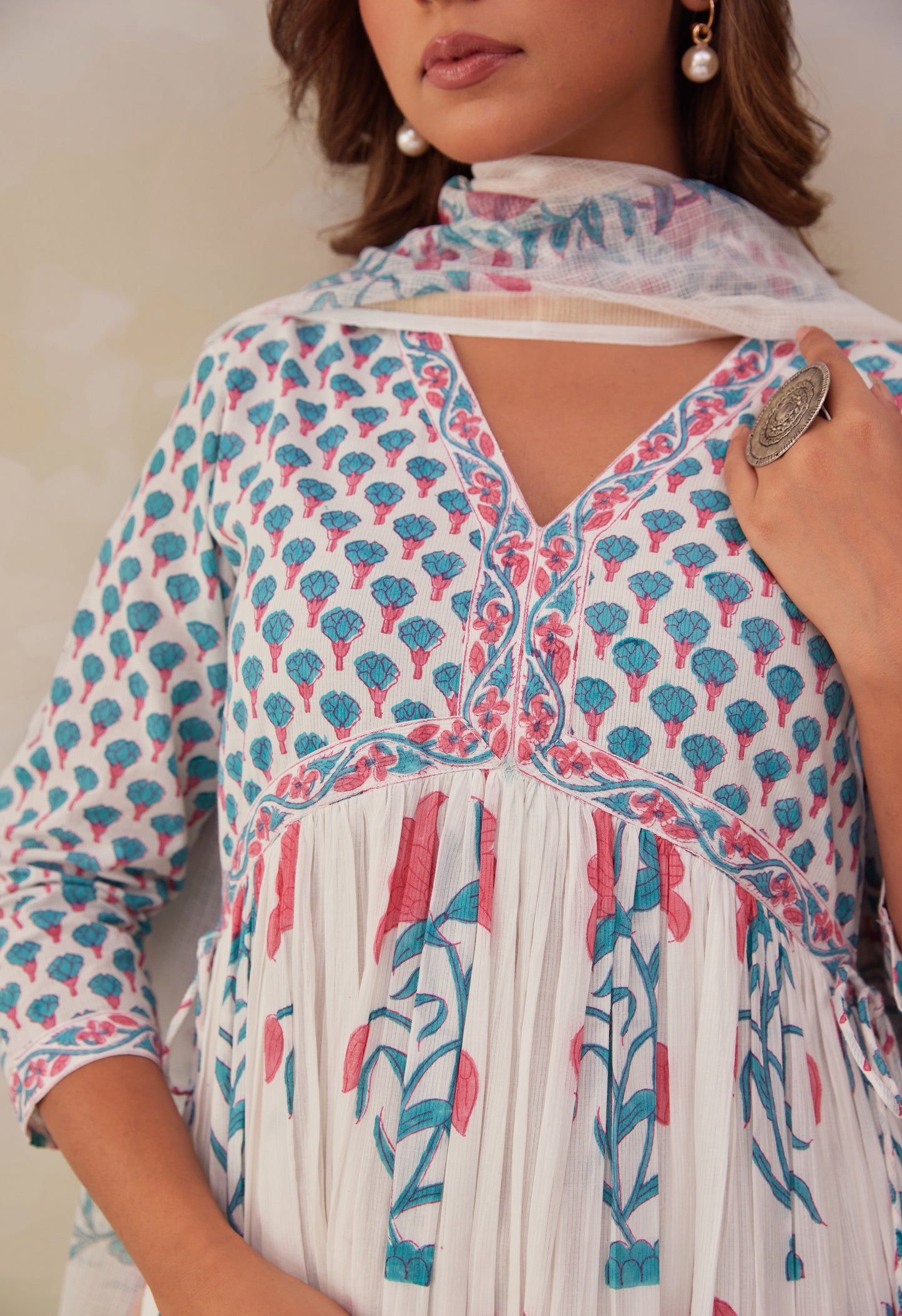 White Floral Printed Hand Block Printed Cotton Kurta Set With Dupatta