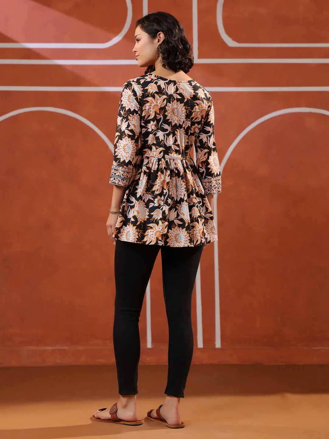 Black Floral Printed Cotton Wrap Top