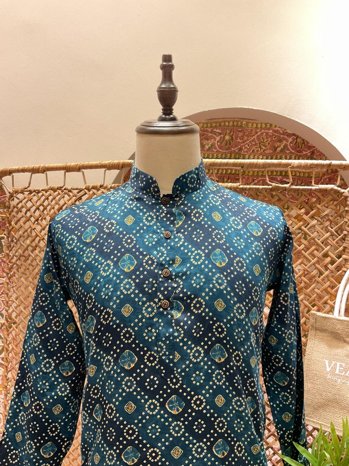 Teal Blue Geometric Long Kurta