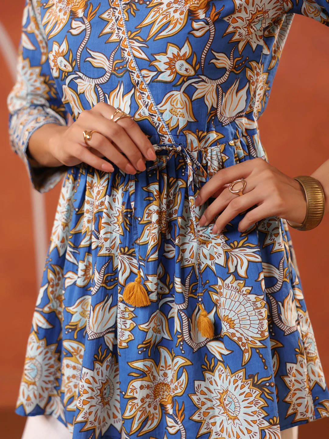 Blue Floral Printed Cotton Wrap Top