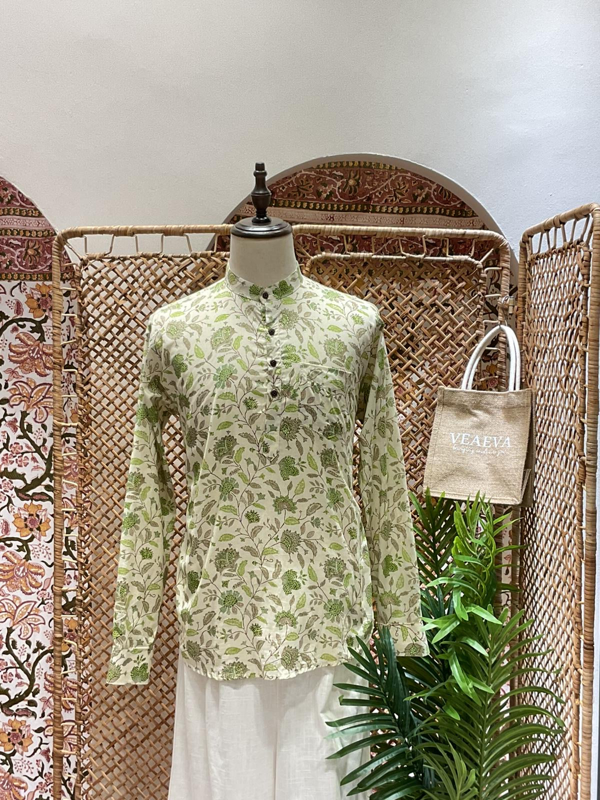 White and Green Floral Short Kurta