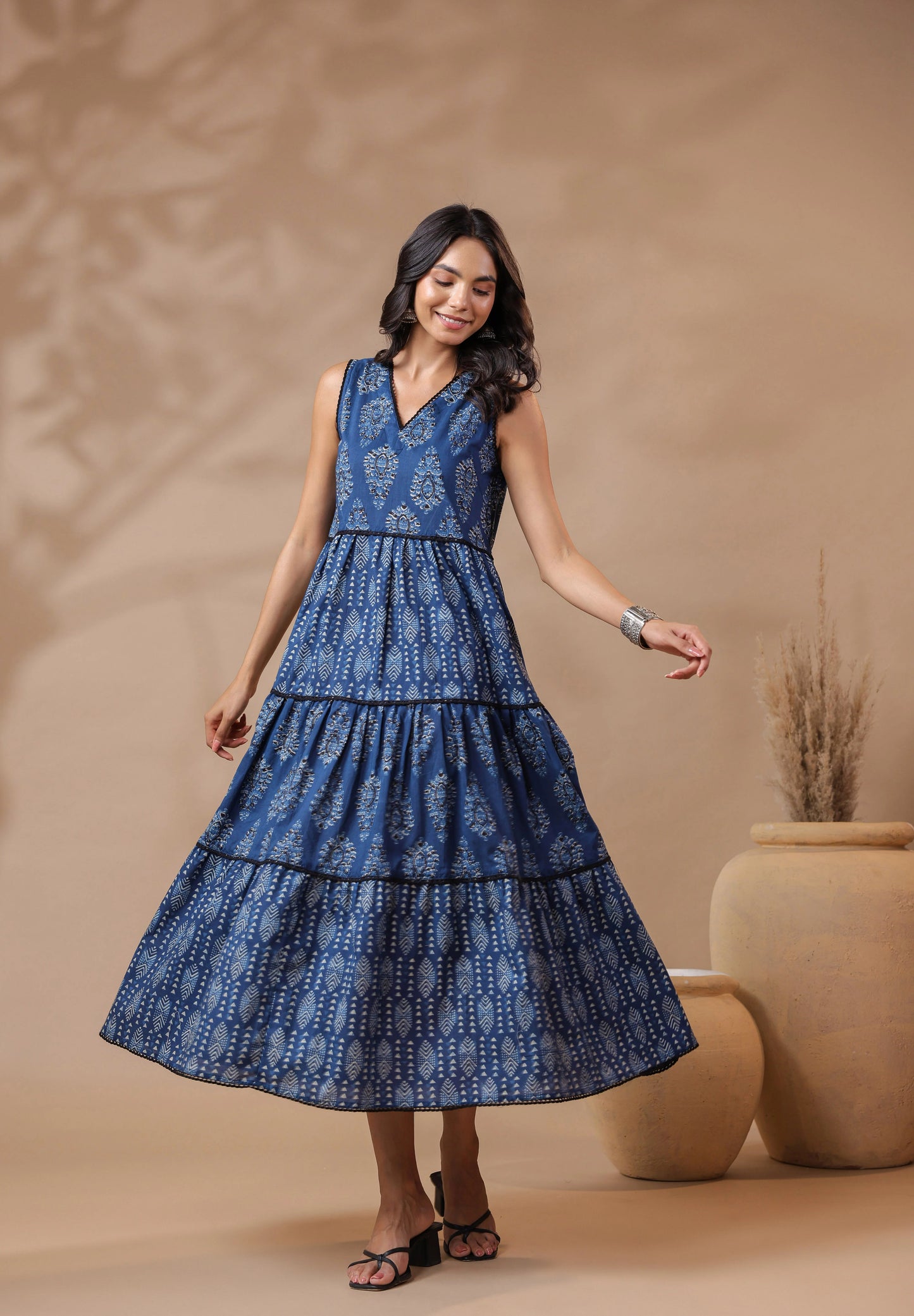 Indigo V-neck Handblock Printed Dress