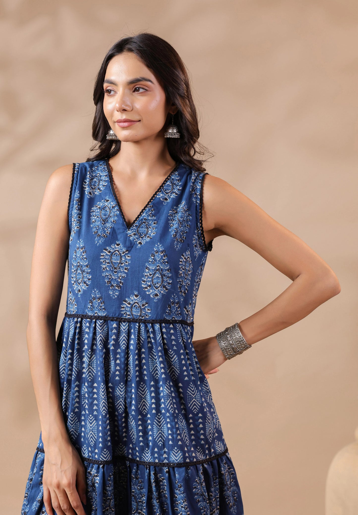 Indigo V-neck Handblock Printed Dress