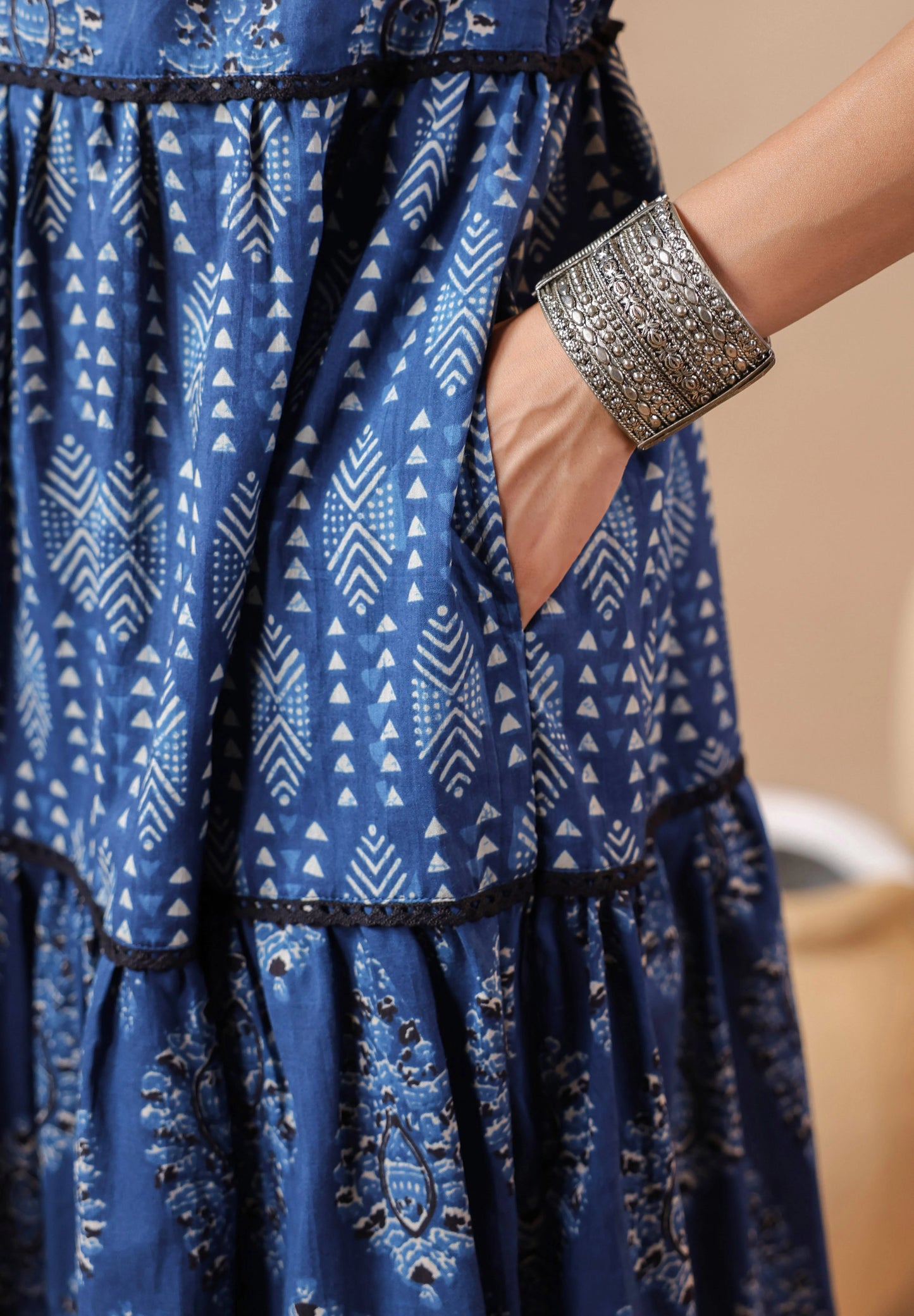 Indigo V-neck Handblock Printed Dress
