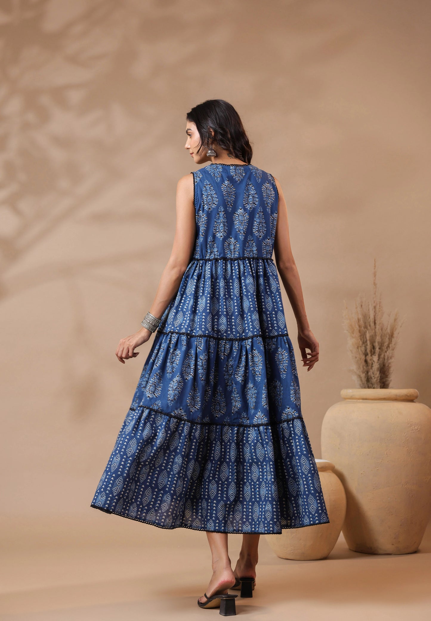 Indigo V-neck Handblock Printed Dress