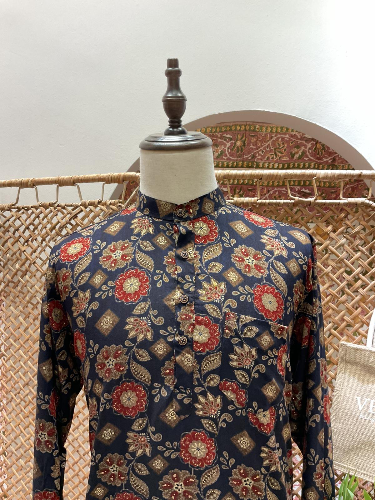 Navy Blue Floral Short Kurta