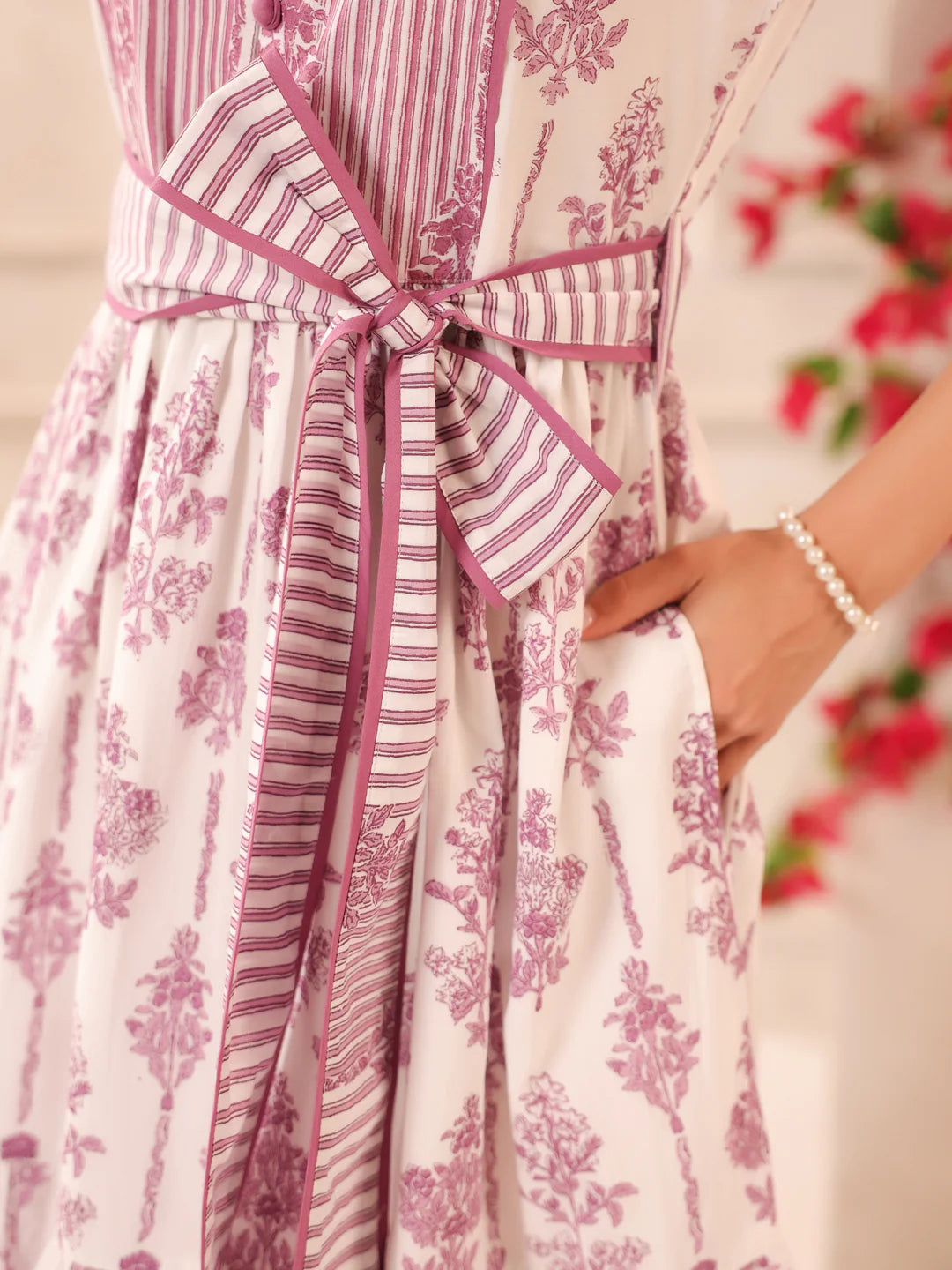 White & Purple Sleeveless Maxi Dress with Belt and Pockets