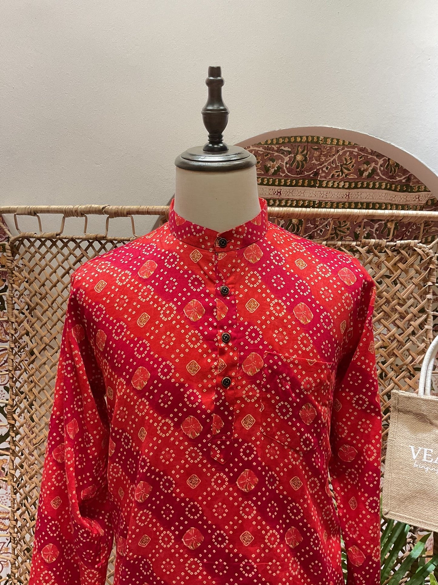 Red Bandhej Short Kurta