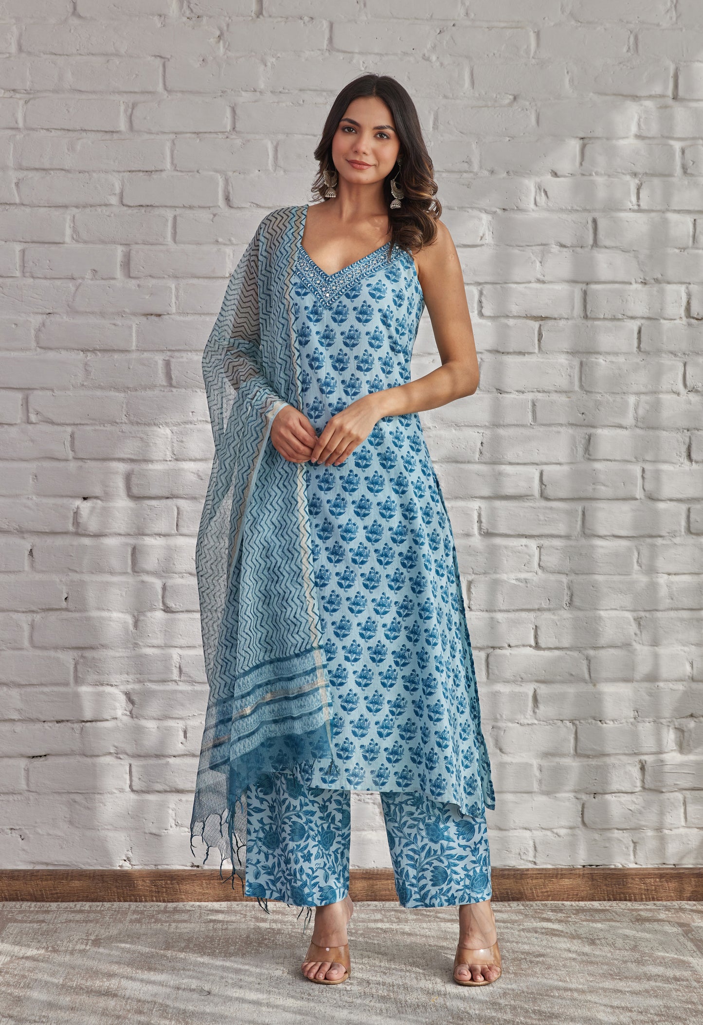 Blue Strappy Suit Set with Doriya Dupatta