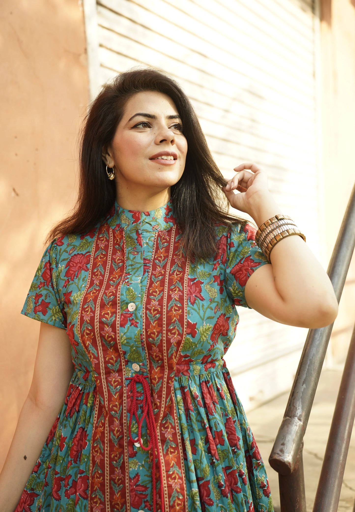 Teal Printed Flutter Sleeved Dress
