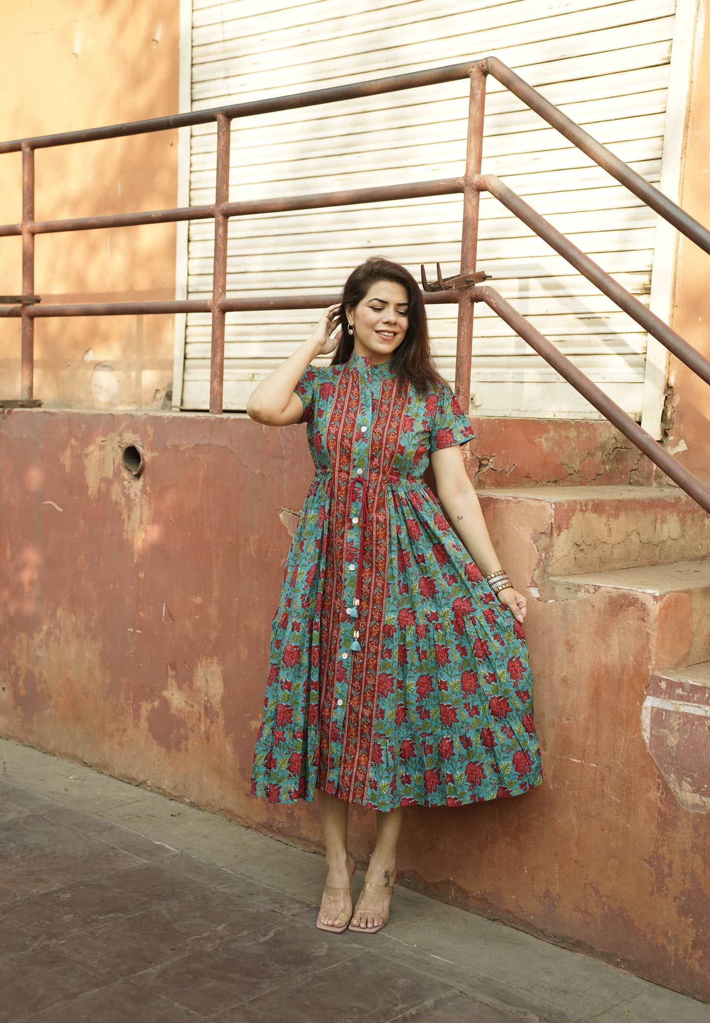 Teal Printed Flutter Sleeved Dress