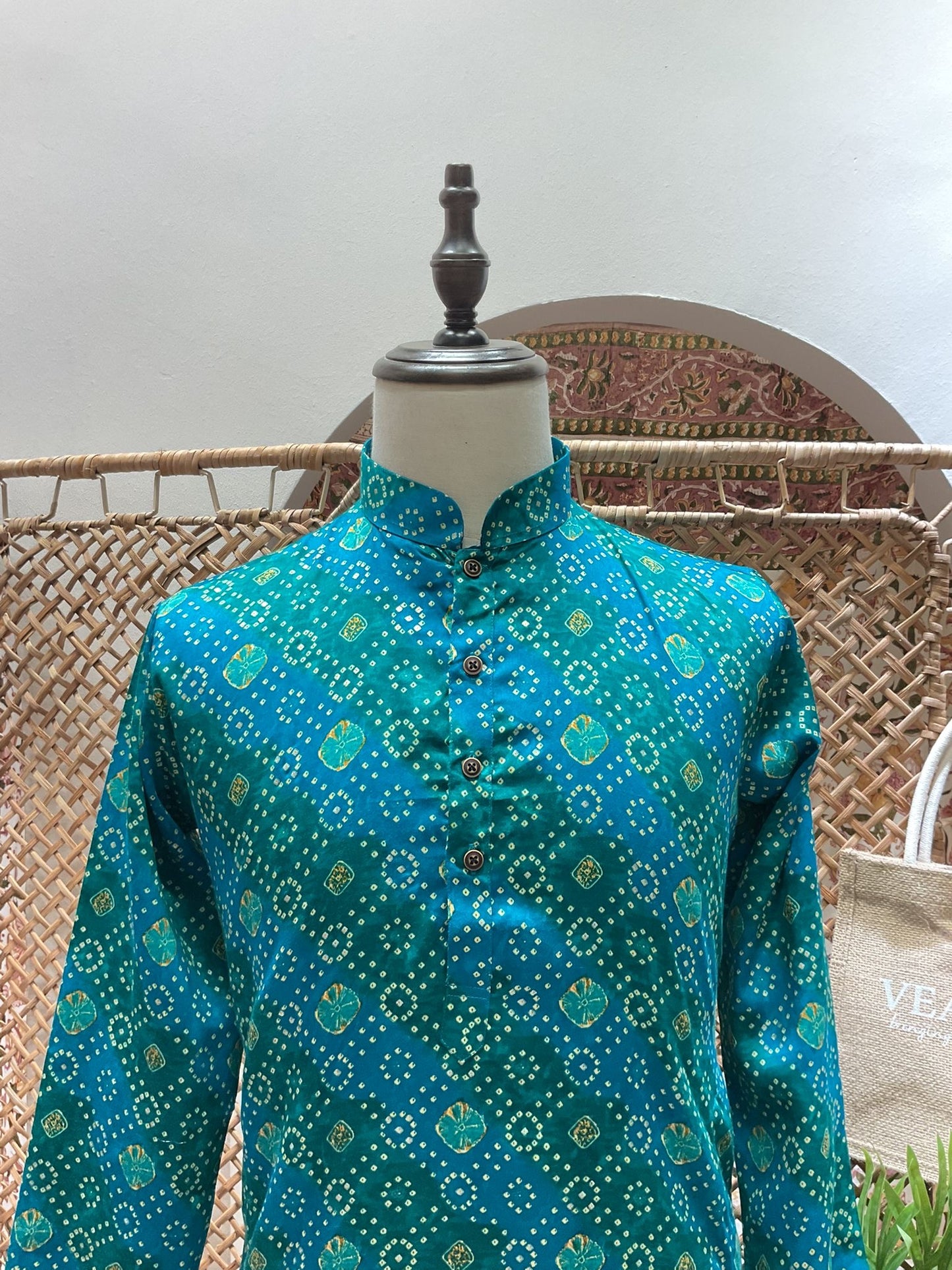 Turquoise Bandhej Long Kurta