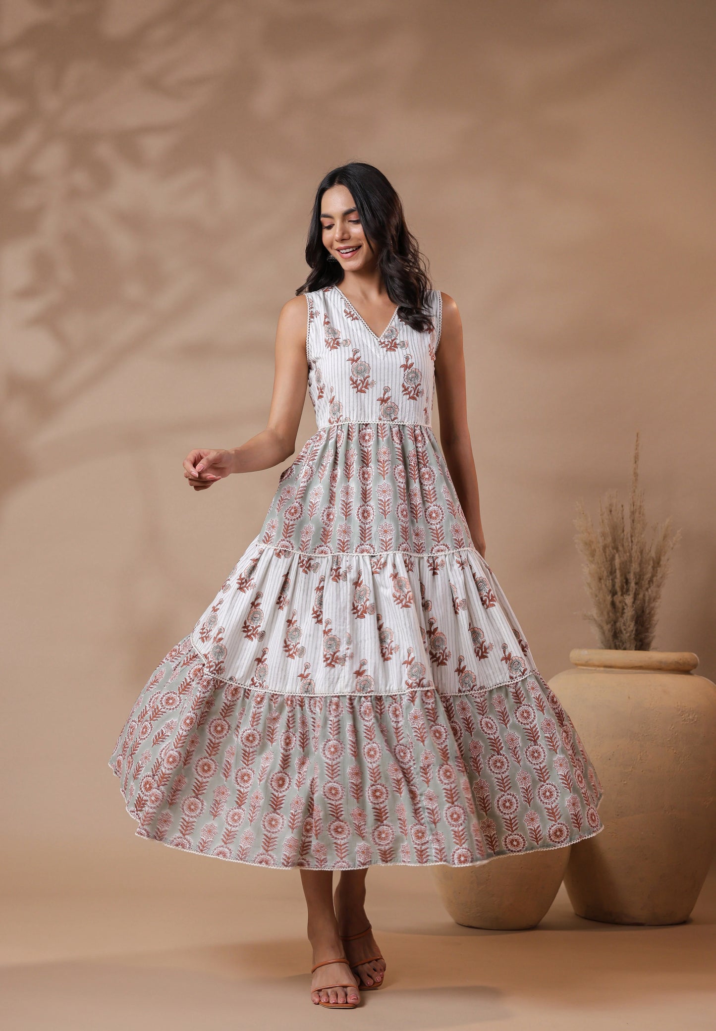 White V-neck Handblock Printed Dress