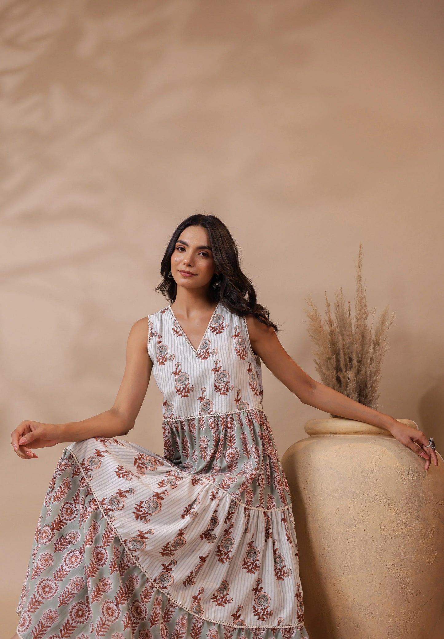 White V-neck Handblock Printed Dress