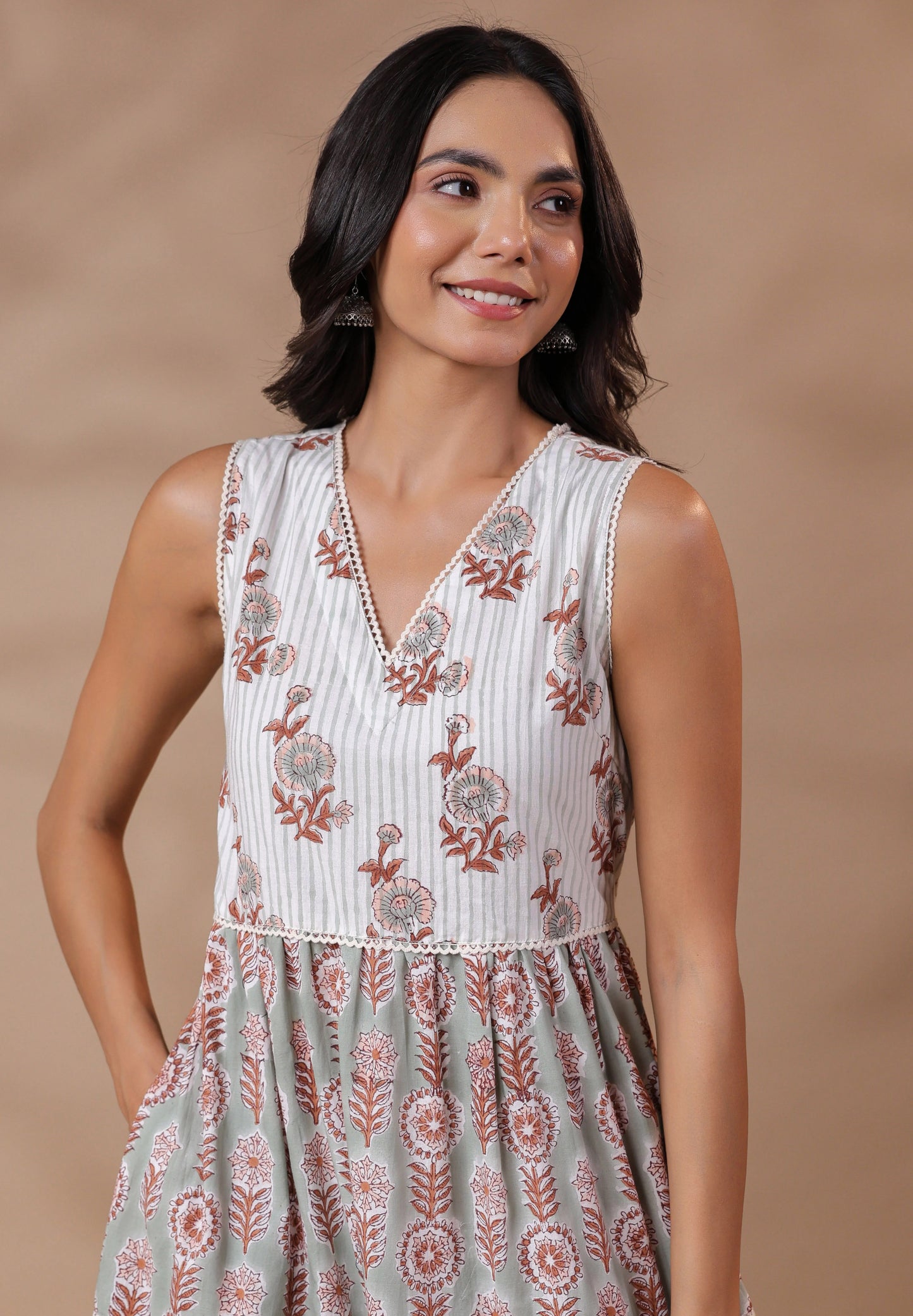 White V-neck Handblock Printed Dress