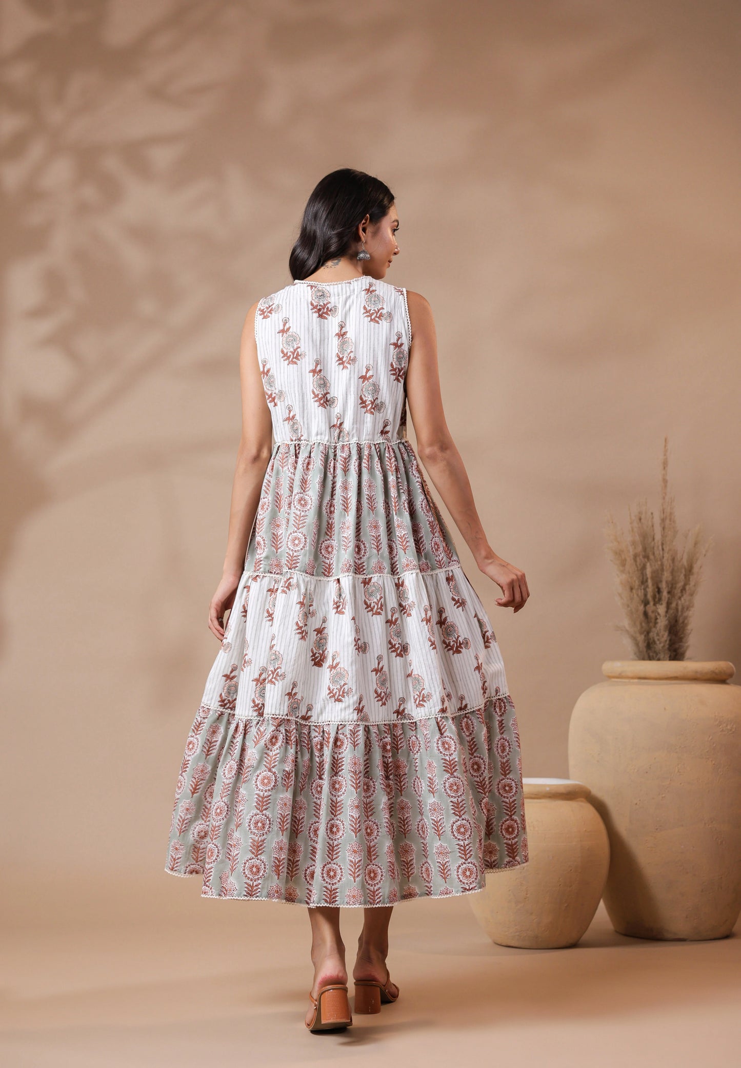 White V-neck Handblock Printed Dress