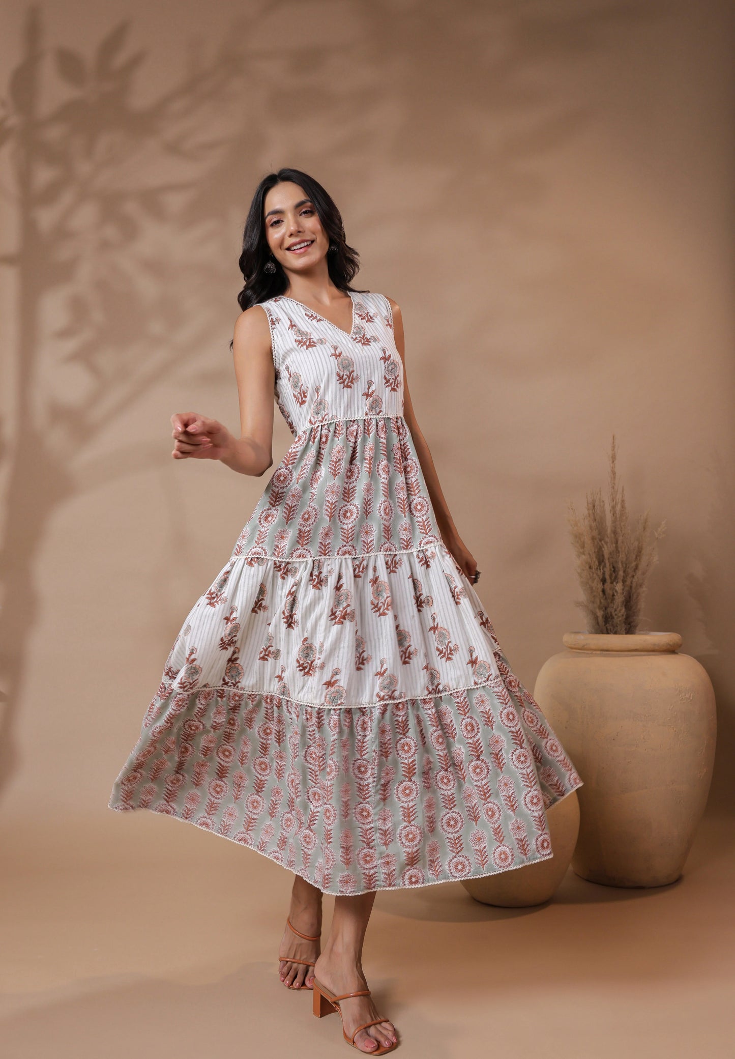 White V-neck Handblock Printed Dress