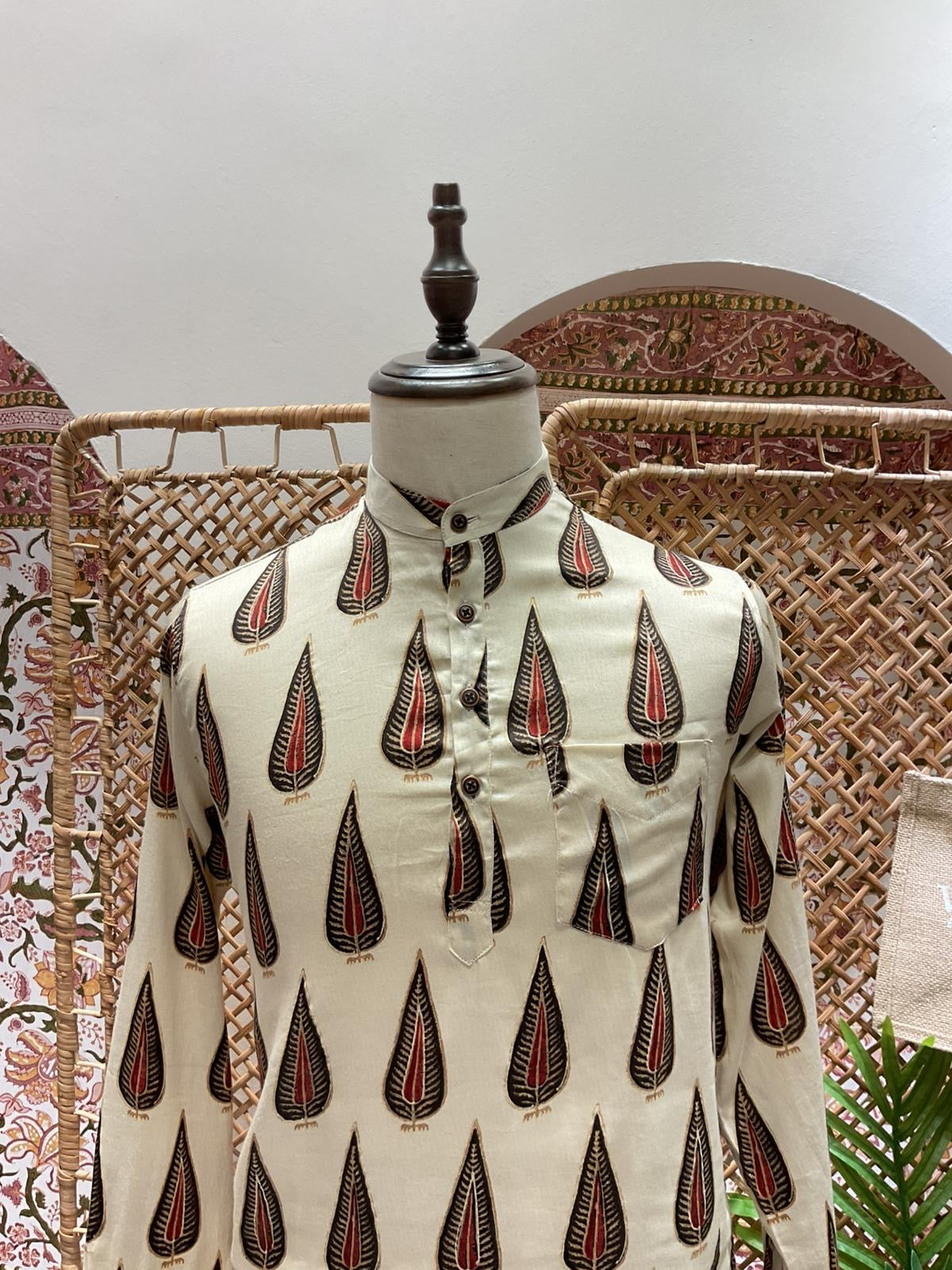 White and Red Printed Short Kurta